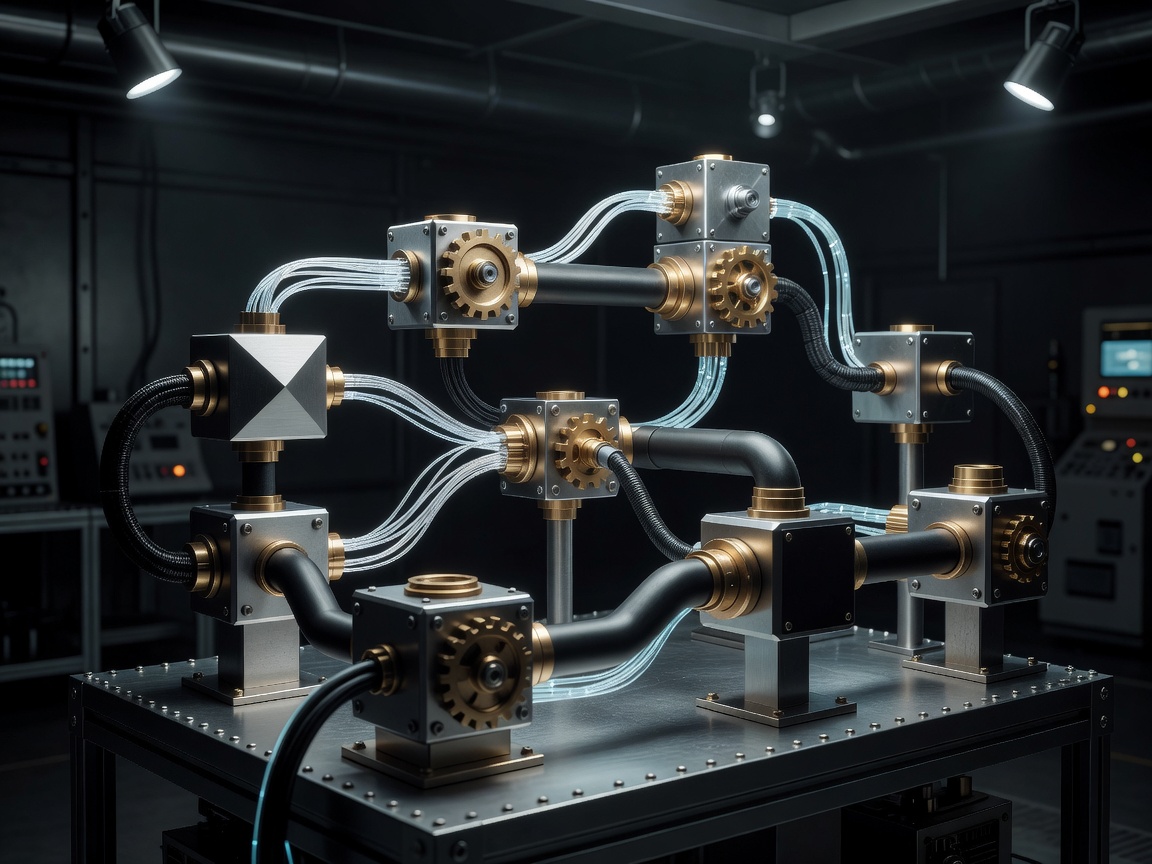 Connected industrial shapes suggesting an intelligent agent workflow